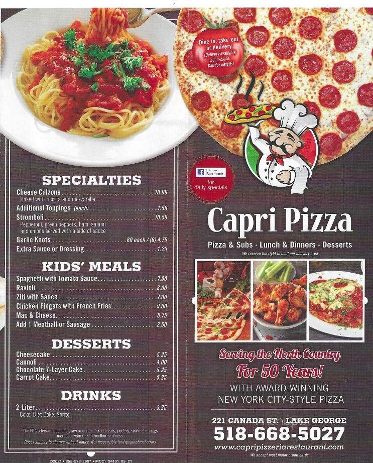 Capri Pizzeria & Restaurant - Lake George, NY menu_pic