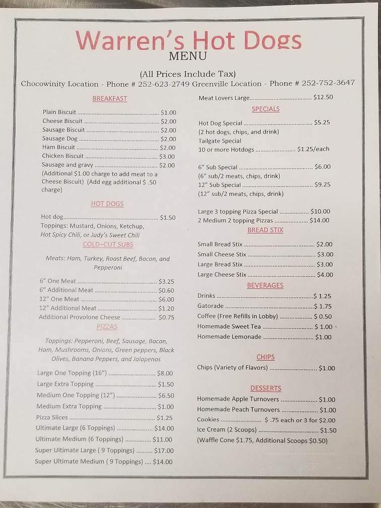 Warren's Hot Dogs - Greenville, NC menu_pic