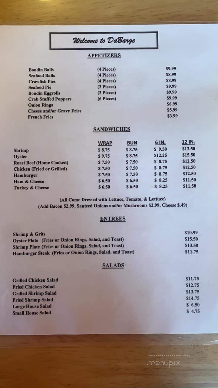 Da Barge - Lafitte, LA menu_pic