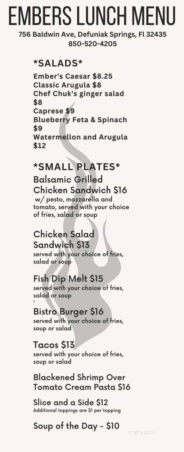Embers Bistro - DeFuniak Springs, FL menu_pic