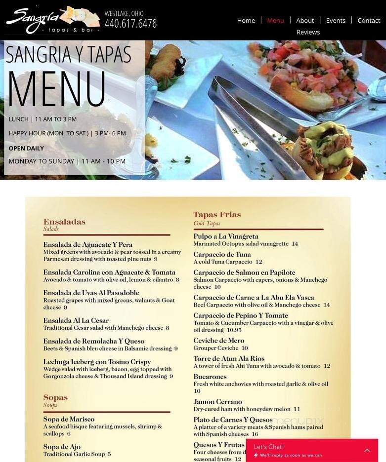 Sangria y Tapas Bar & Restaurant - Westlake, OH menu_pic