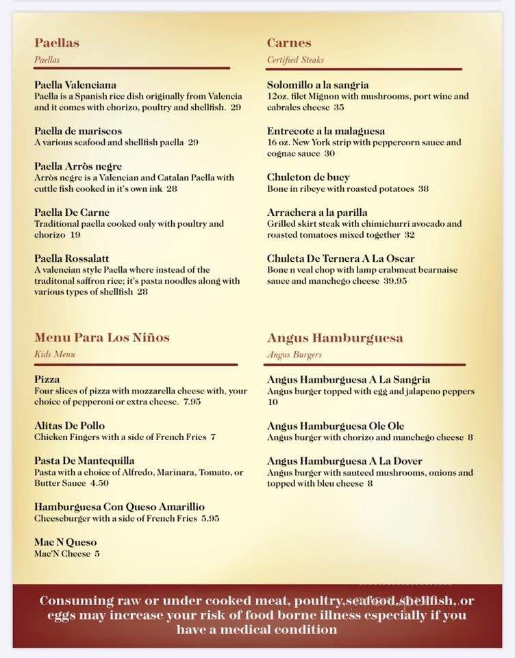 Sangria y Tapas Bar & Restaurant - Westlake, OH menu_pic