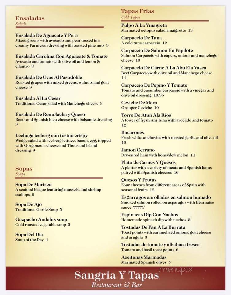 Sangria y Tapas Bar & Restaurant - Westlake, OH menu_pic