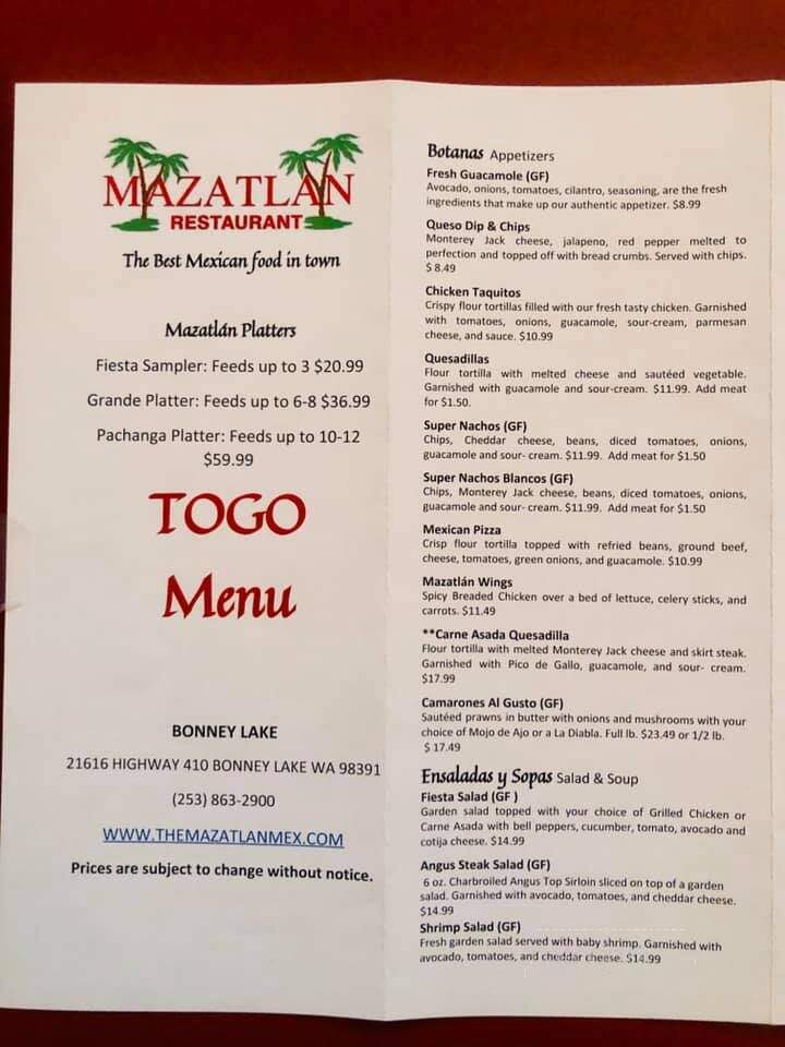 Mazatlan Restaurant - Bonney Lake, WA menu_pic