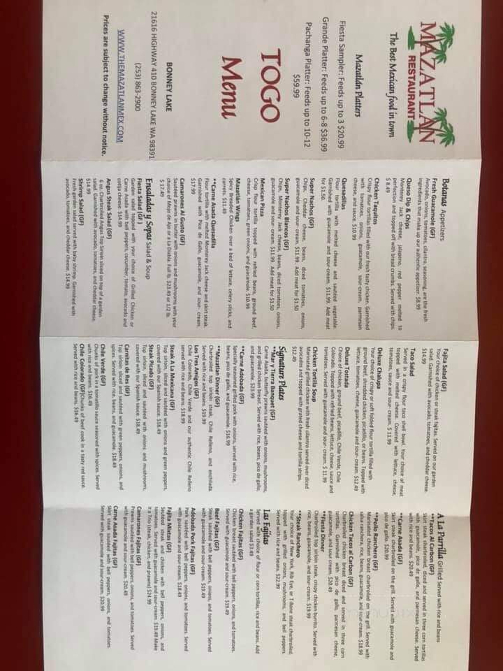 Mazatlan Restaurant - Bonney Lake, WA menu_pic