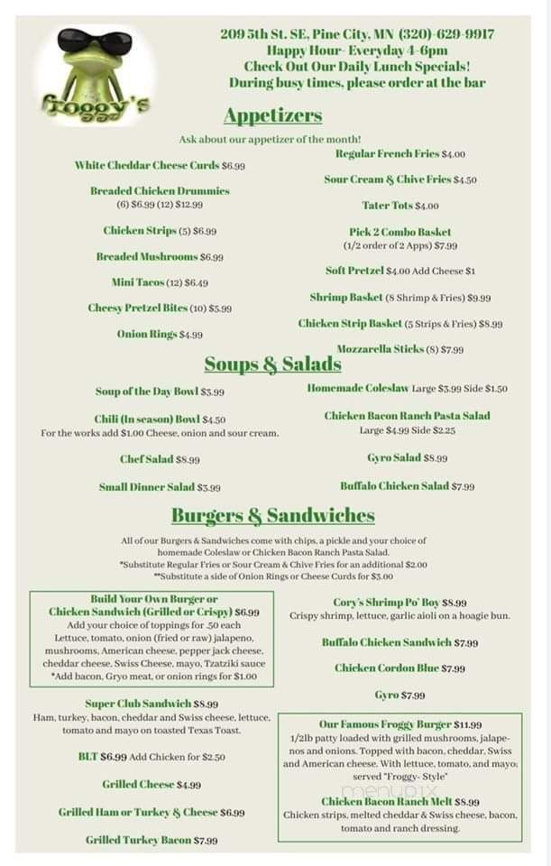 Froggy's - Pine City, MN menu_pic