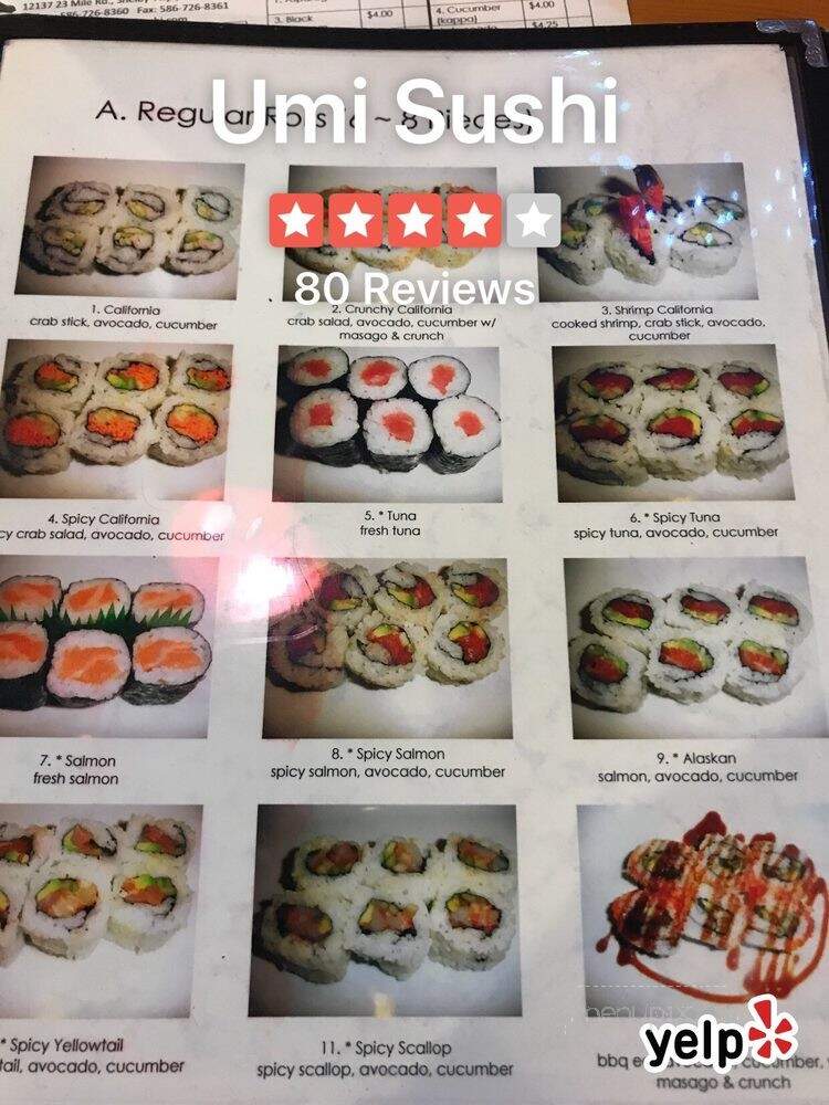 Menu of Umi Sushi in Shelby Township, MI 48315