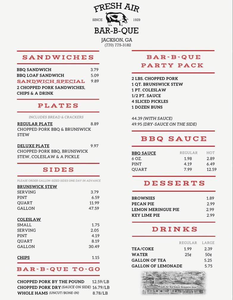 Fresh Air Barbecue Place - Jackson, GA menu_pic