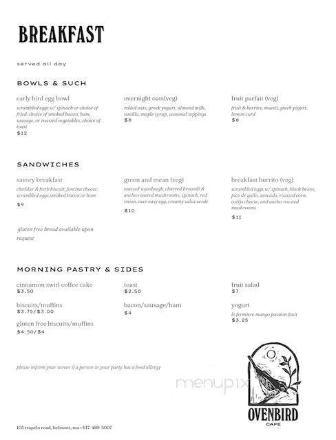 Ovenbird Cafe - Belmont, MA menu_pic