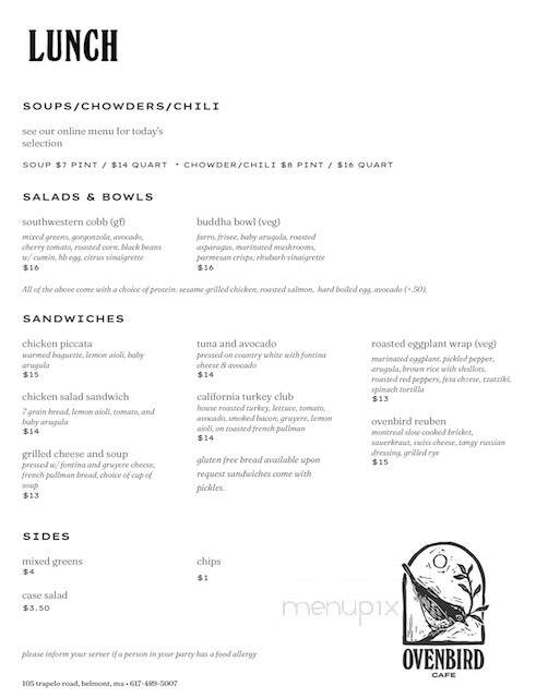 Ovenbird Cafe - Belmont, MA menu_pic