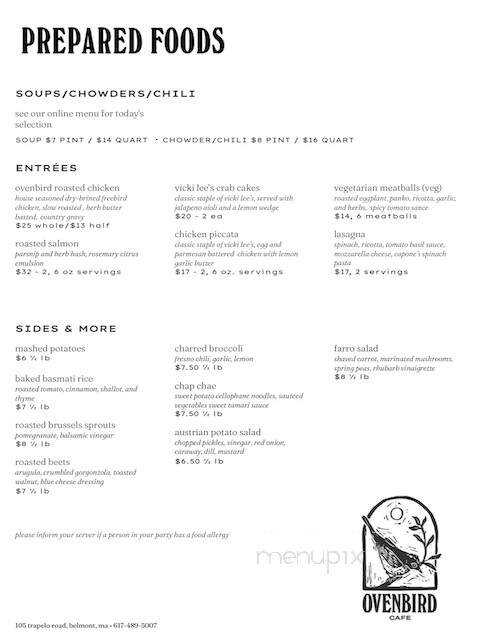 Ovenbird Cafe - Belmont, MA menu_pic