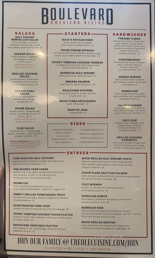 Boulevard American Bistro - Covington, LA menu_pic
