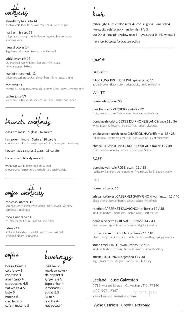 Leeland House - Galveston, TX menu_pic