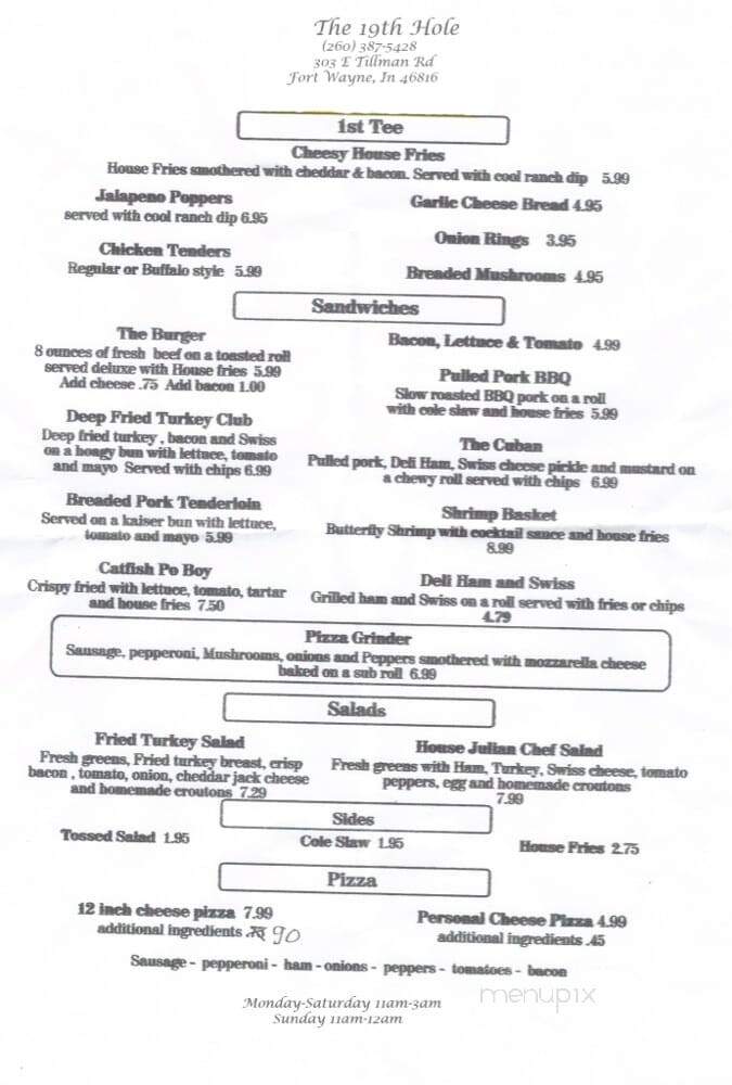 19th Hole - Fort Wayne, IN menu_pic