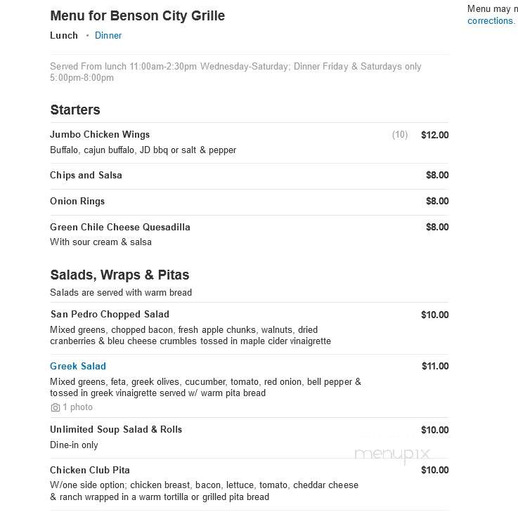 Benson City Grille - Benson, AZ menu_pic