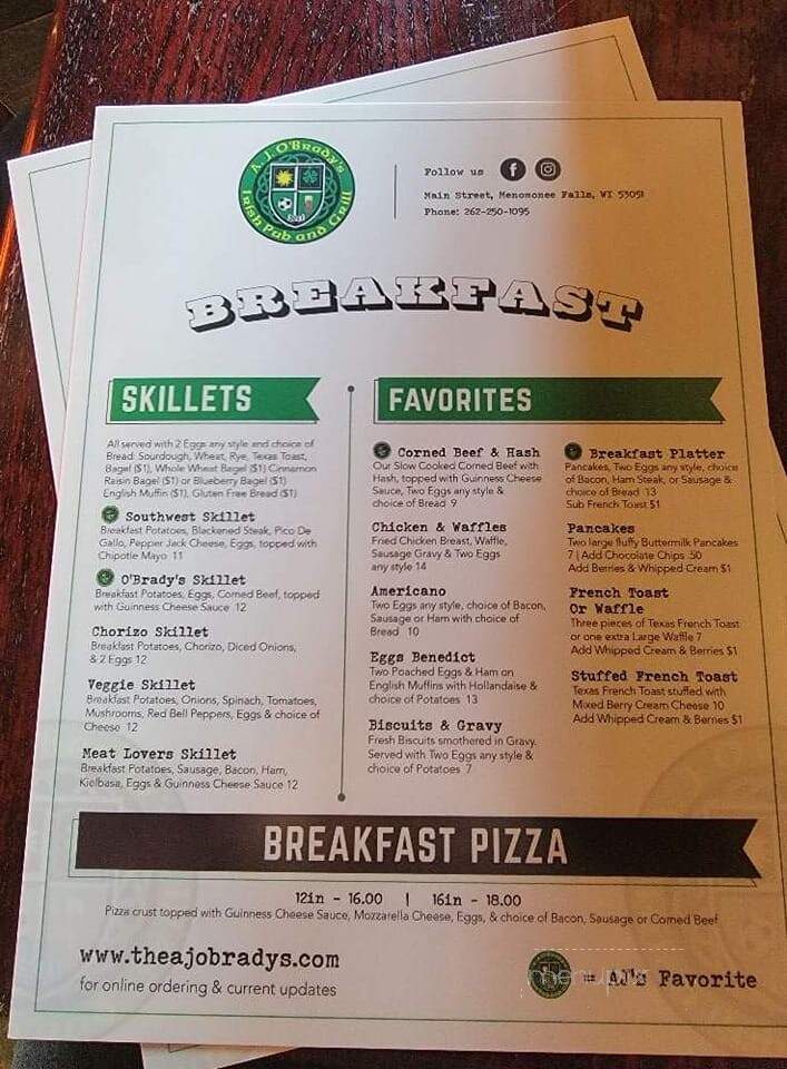A.J. O'Brady's Irish Pub Grill - Menomonee Falls, WI menu_pic