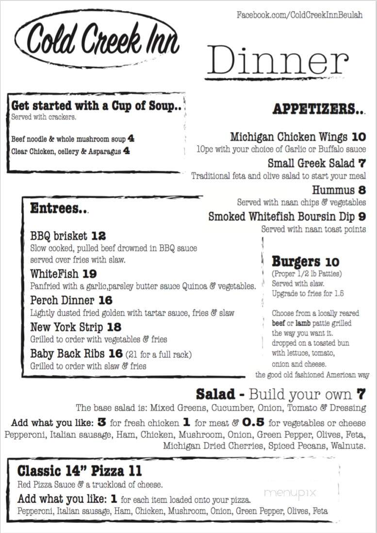 Cold Creek Inn - Beulah, MI menu_pic