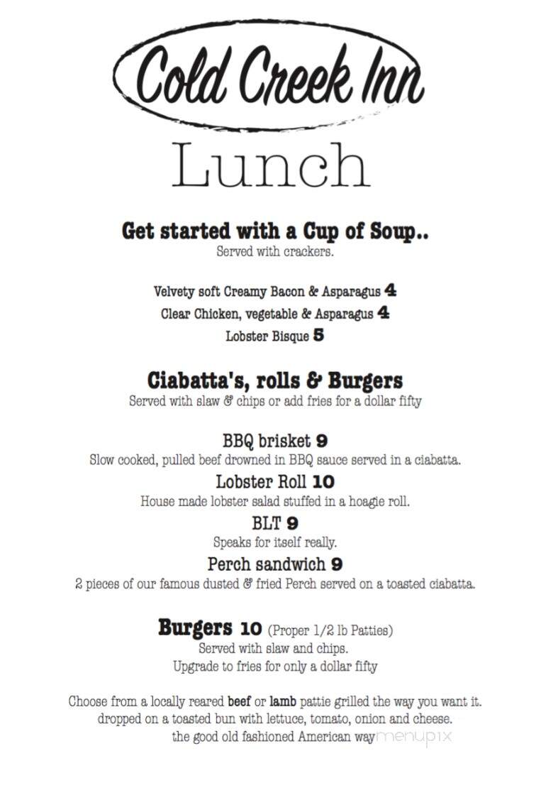 Cold Creek Inn - Beulah, MI menu_pic