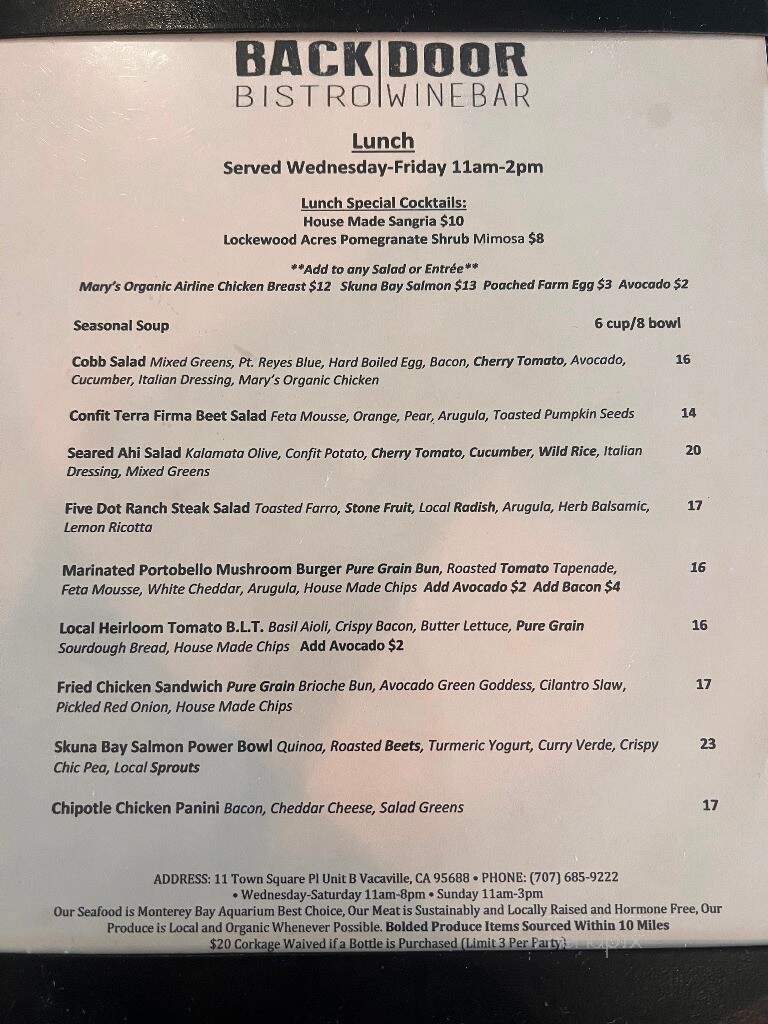 Backdoor Bistro and Wine Bar - Vacaville, CA menu_pic