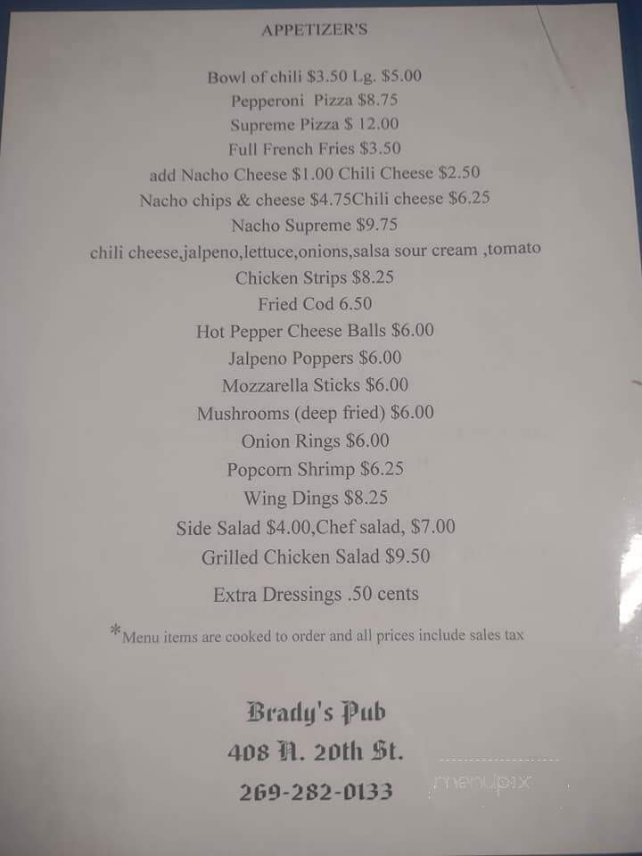 Brady's Pub - Springfield, MI menu_pic