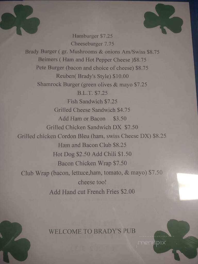 Brady's Pub - Springfield, MI menu_pic