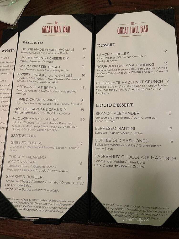 Great Hall Bar - Grove Park Inn - Asheville, NC menu_pic