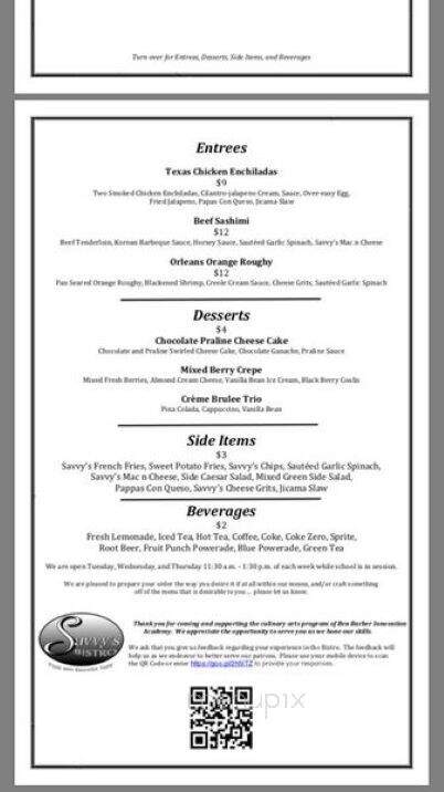 Savvy's Bistro - Mansfield, TX menu_pic