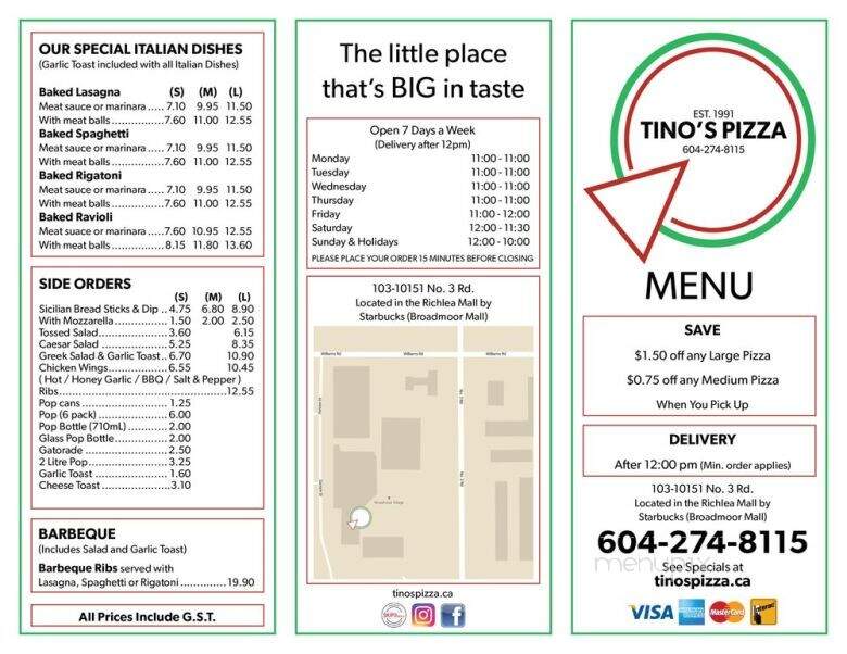 Tino's Pizza - Richmond, BC menu_pic