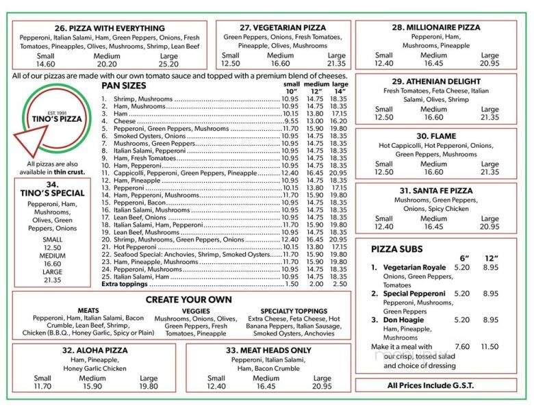 Tino's Pizza - Richmond, BC menu_pic