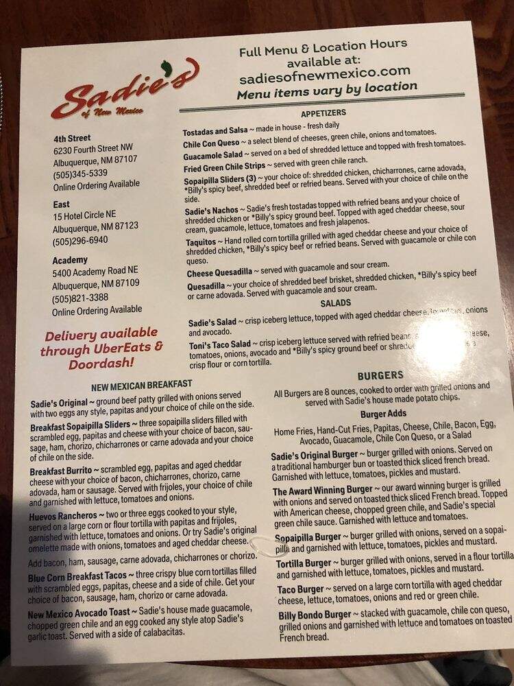 Sadie's Dining Room - Albuquerque, NM menu_pic