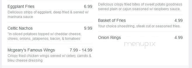 McGeary's Restaurant - Albany, NY menu_pic