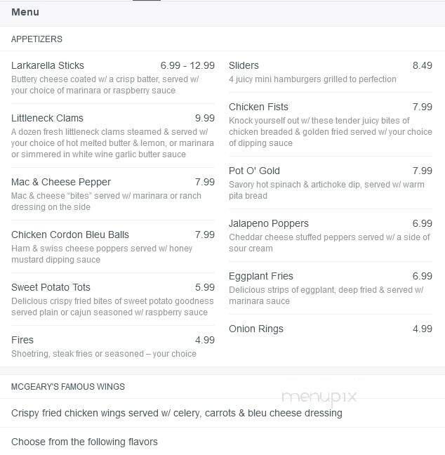 McGeary's Restaurant - Albany, NY menu_pic
