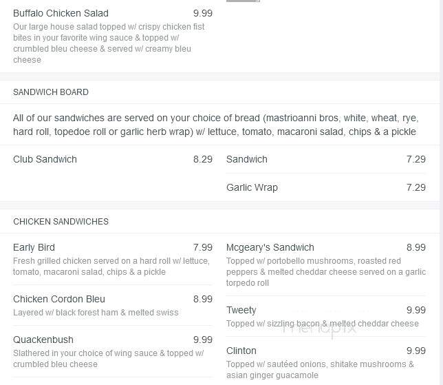 McGeary's Restaurant - Albany, NY menu_pic