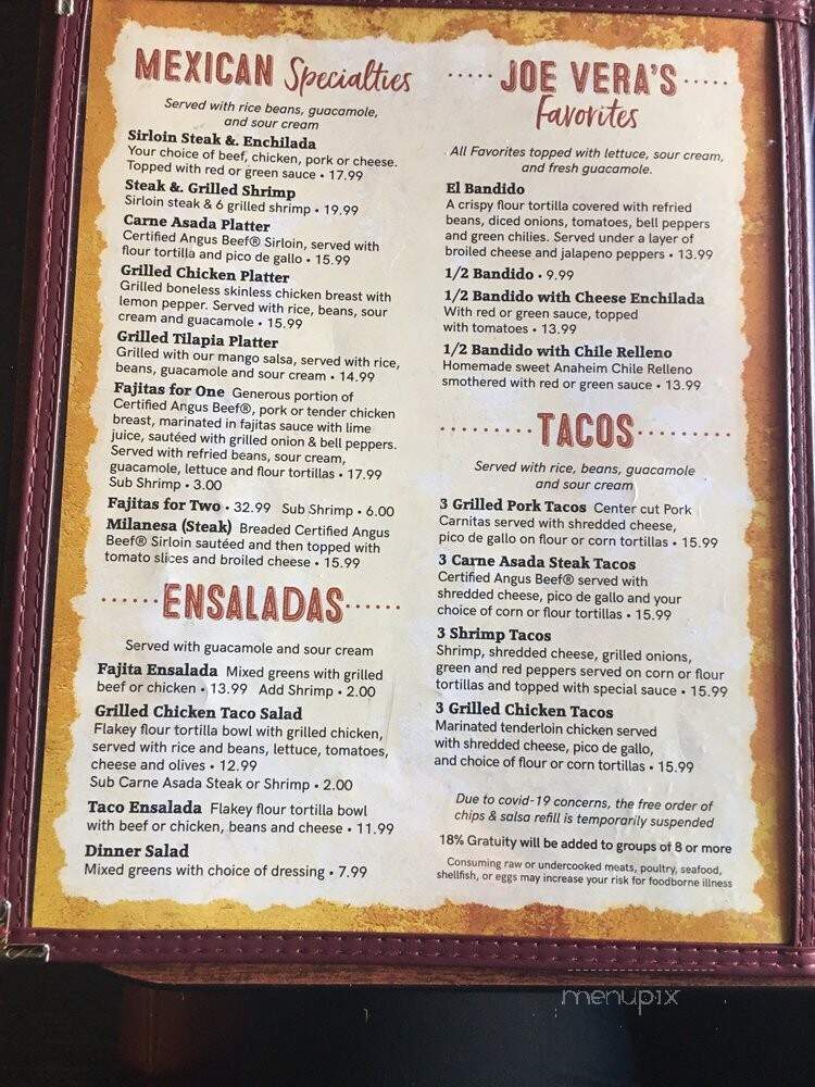 Joe Vera's Mexican Restaurant - Provo, UT menu_pic