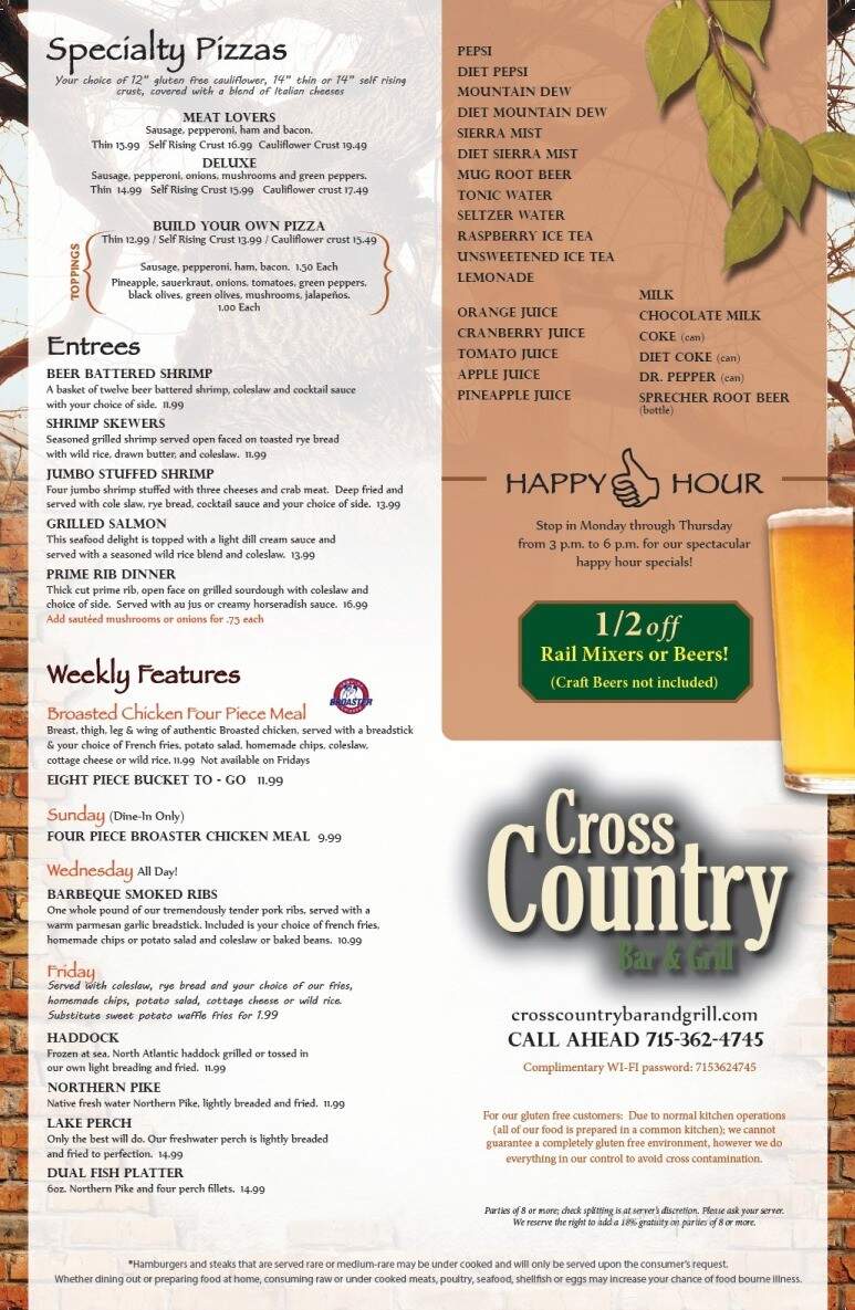 Cross Country Bar & Grill - Rhinelander, WI menu_pic