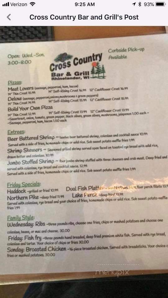 Cross Country Bar & Grill - Rhinelander, WI menu_pic