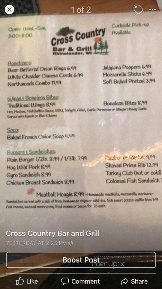 Cross Country Bar & Grill - Rhinelander, WI menu_pic