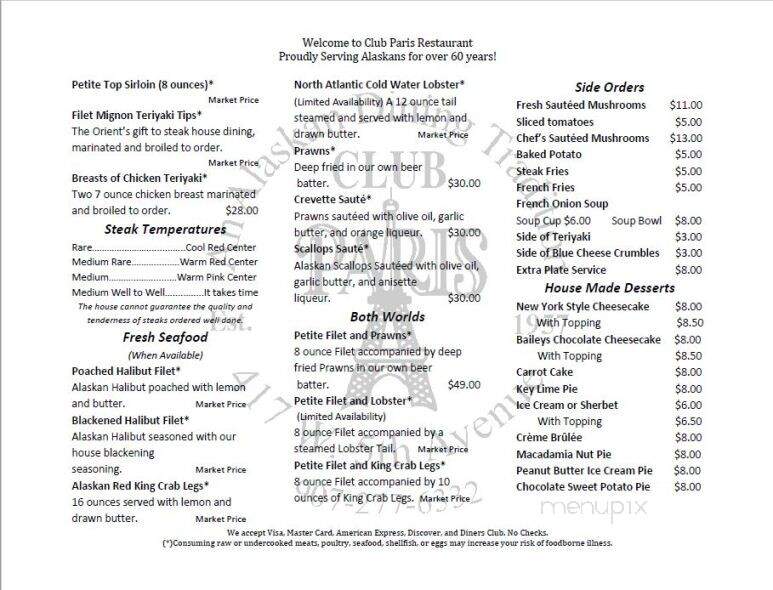 Club Paris - Anchorage, AK menu_pic
