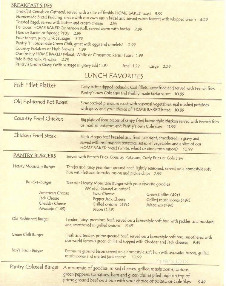 Pantry Restaurant - Green Mountain Falls, CO menu_pic