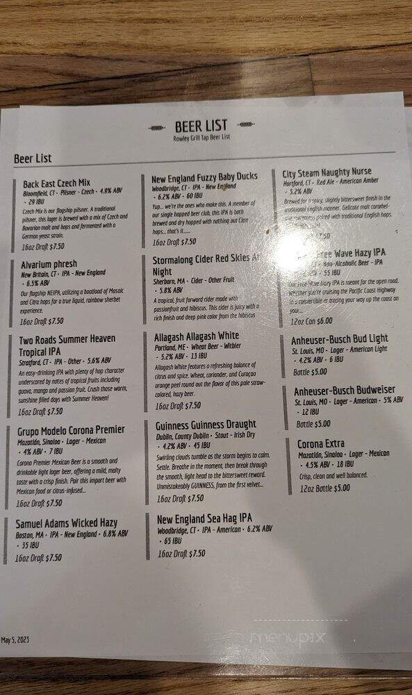 Rowley Grill & Tap - Winchester, CT menu_pic