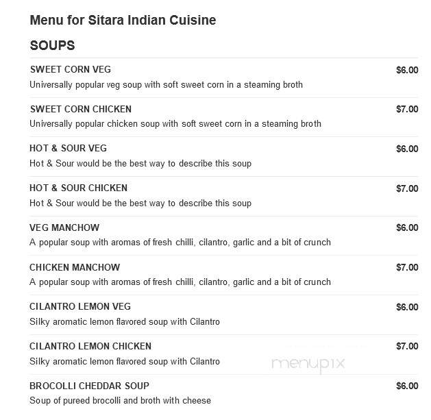 Sitara Indian Cuisine - Carmel, IN menu_pic
