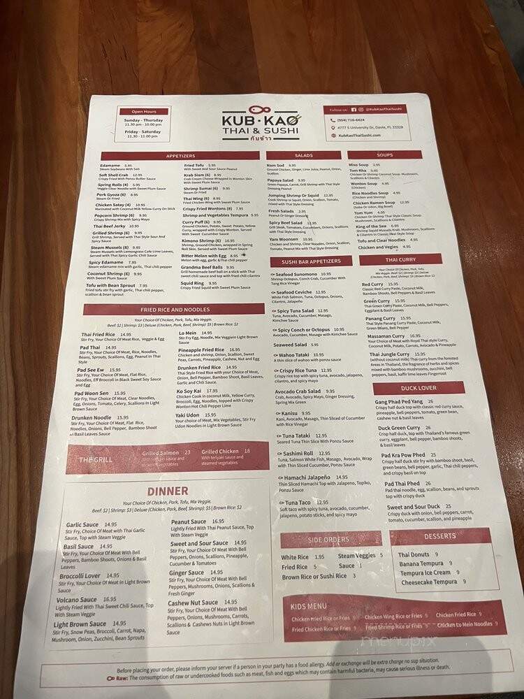 Kub Kao Thai & Sushi - Davie, FL menu_pic