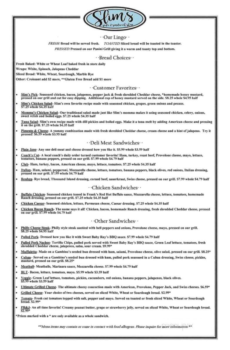Slim's Soda & Sandwich Shop of McNeill - Carriere, MS menu_pic