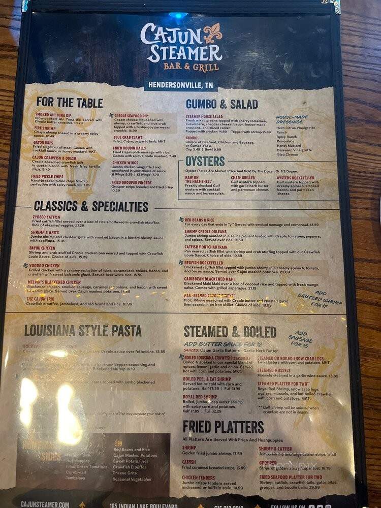 Cajun Steamer Bar & Grill - Hendersonville, TN menu_pic
