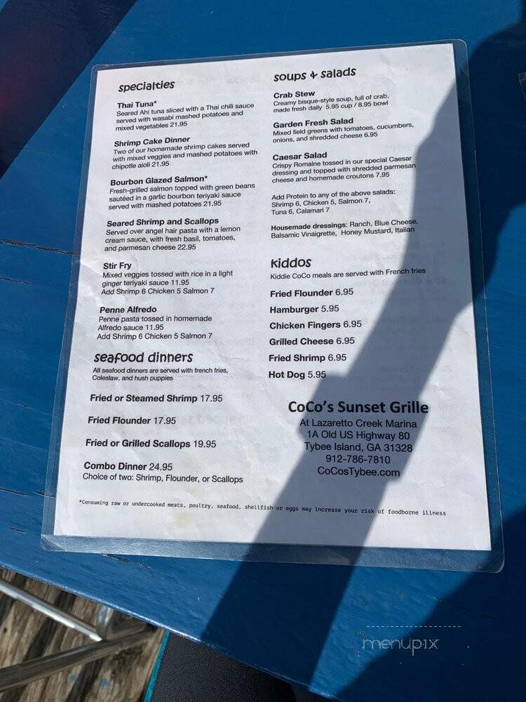 Coco's Sunset Grille - Tybee Island, GA menu_pic
