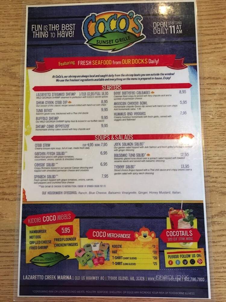 Coco's Sunset Grille - Tybee Island, GA menu_pic