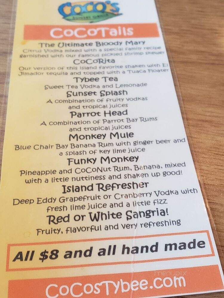 Coco's Sunset Grille - Tybee Island, GA menu_pic