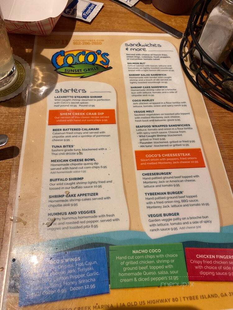 Coco's Sunset Grille - Tybee Island, GA menu_pic