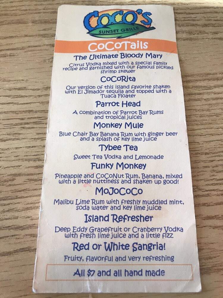Coco's Sunset Grille - Tybee Island, GA menu_pic