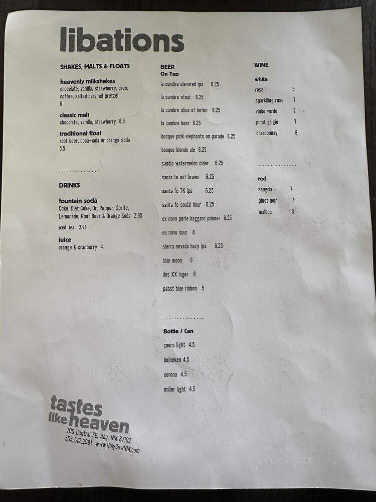 Holy Cow - Albuquerque, NM menu_pic